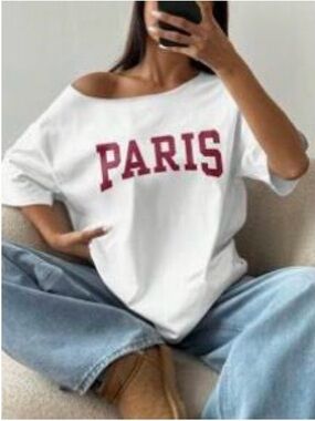 White T-Shirt with Red PARIS Print Off the Shoulder